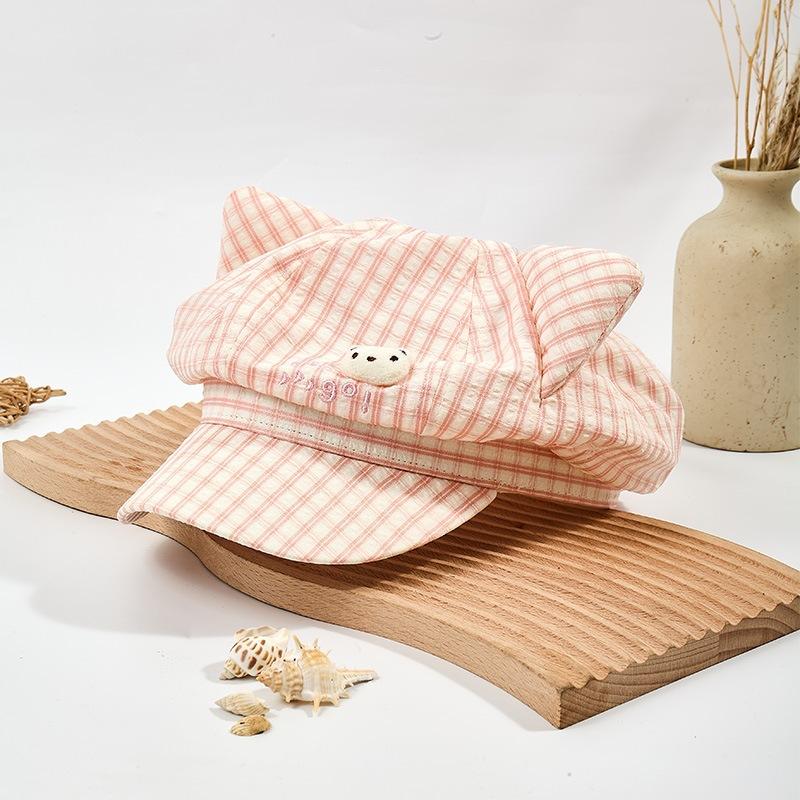 Plaid Octagonal Hat Niche Spring and Summer Cute Face Beret Cartoon Design Versatile Sweet Fresh Kitten Ears