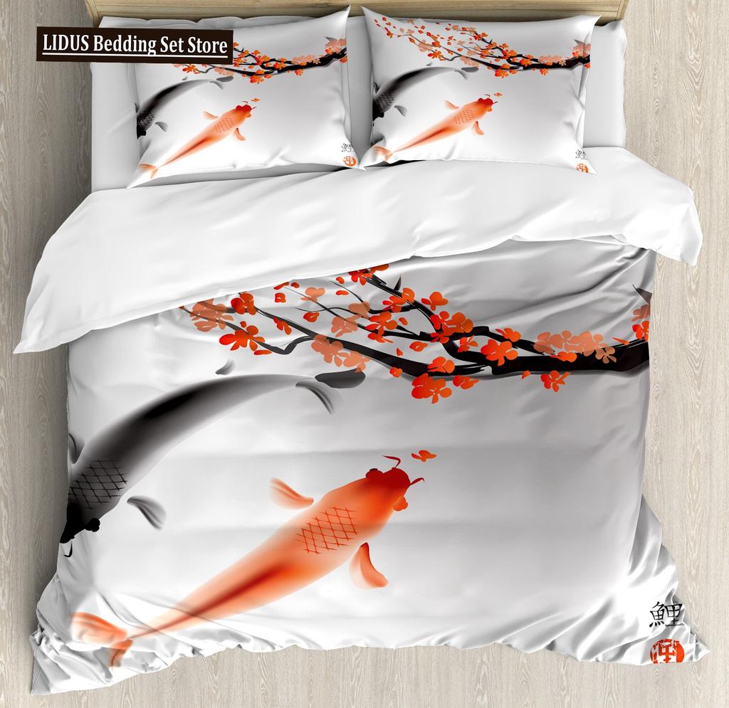 Japanese Duvet Cover Set,Branch Of A Flourishing Sakura Tree Flower Cherry Blossoms Spring Theme Art Japan Bedding Set Full Size