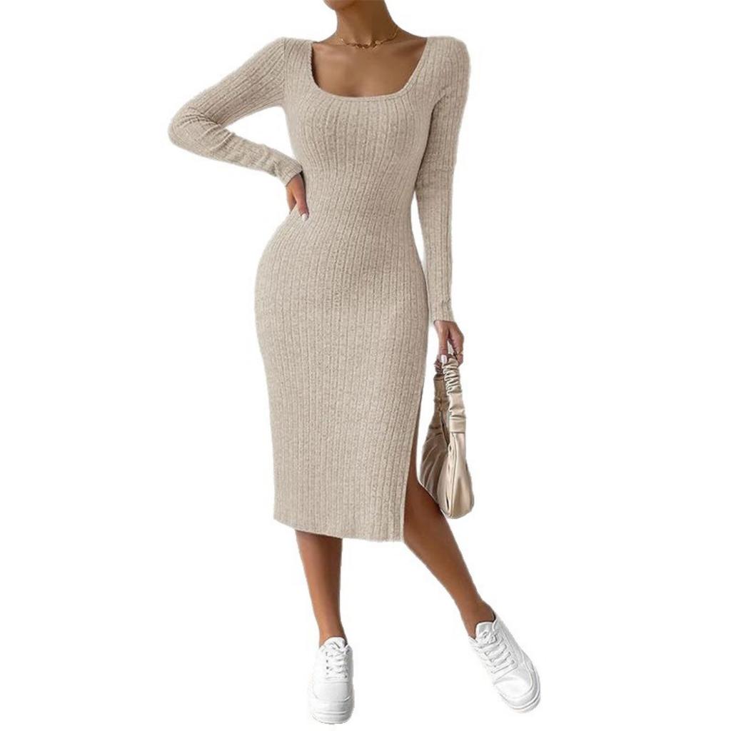 Women's Fall Winter New Arrival Square Neck Long Sleeve Bodycon Slit Knit Midi Dress, Casual Party Evening Dress for Women