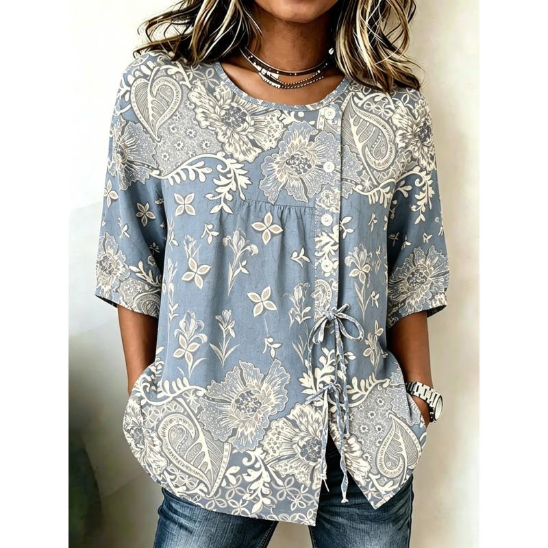 Women's Spring Summer Drawstring Blouse, Boho Paisley & Floral Patchwork Print Casual Tops for Daily Street Holiday Outfit