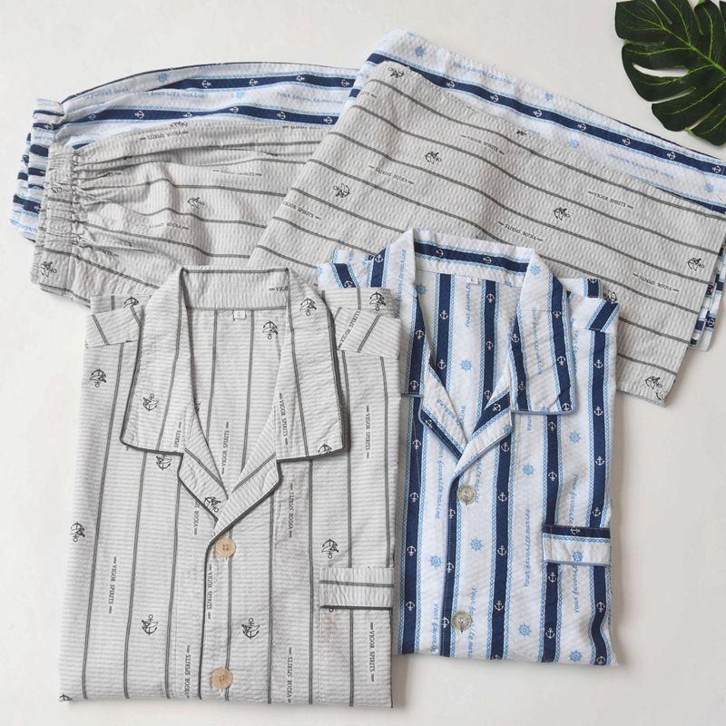 Foreign Trade High Quality Cotton Men's Pajamas Thin Plus size Simple Cotton Print Long sleeve Loose Home Wear Set