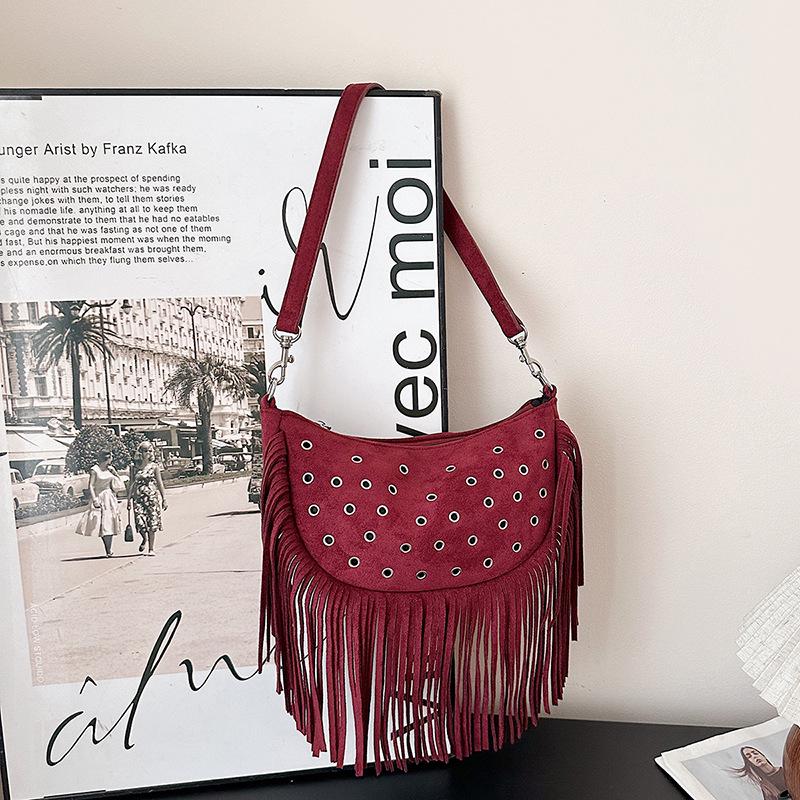 2025 Retro Suede Fringe Rivet Shoulder Bag for Women - Light Luxury Western Style