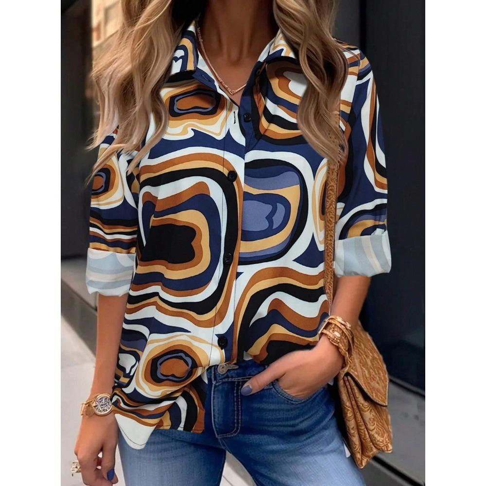 Simple And Clear Love Flower Print Ladies Casual Long Sleeve Lapel Shirt Outdoor Casual Ladies Shirt Urban Street Fashion Shirt