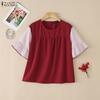 ZANZEA Women Casual Round Neck Stripe Splice Half Sleeve Blouse