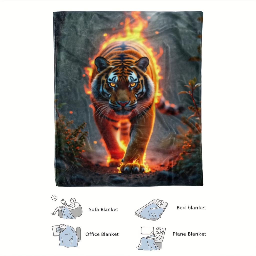 1pc Flame Tiger Blanket - Soft Flannel-like Texture, All-Season Luxury Bedspread/Throw - Machine Washable Polyester - Perfect Gi