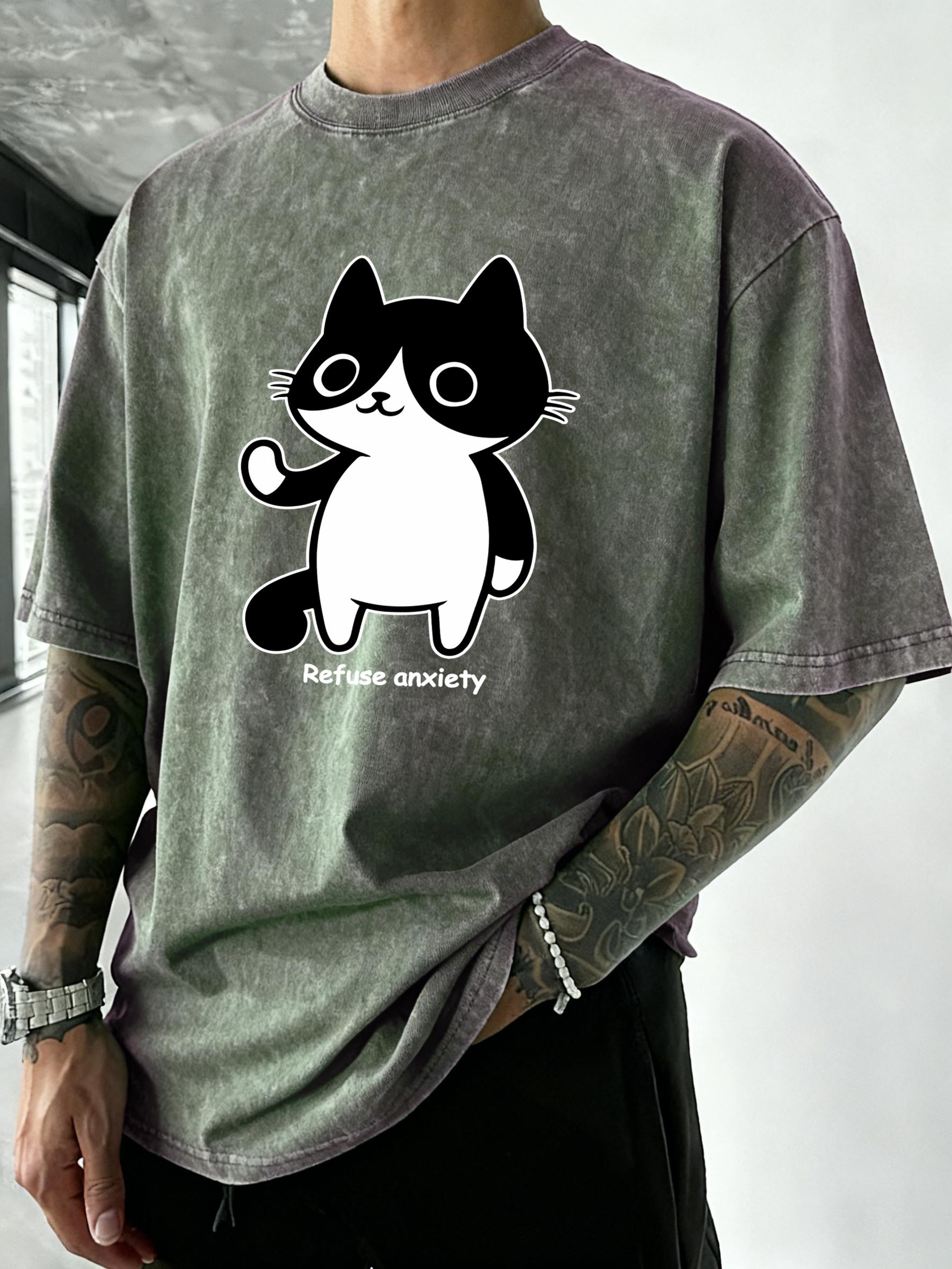 

Refuse Anxiety Cartoon Cats Printed Washed T Shirt Men Summer Vacation Tops Trendy ONeck Short Sleeve Soft Cotton Casual Top S