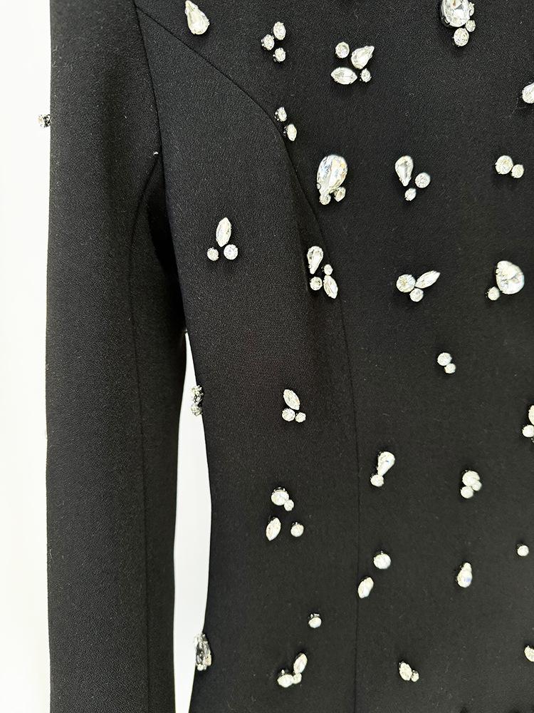 Elegant Heavy Beaded Long-Sleeve Diamond Long Dress