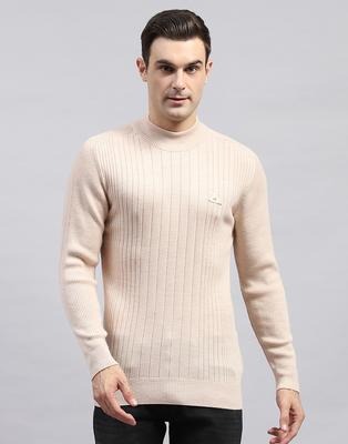 Mens Solid Beige High Neck Full Sleeve Pullover