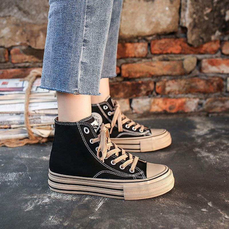 Canvas shoes women's spring and autumn leopard print trend Korean version of campus sports shoes thick-soled high street muffin bottom thick-soled ins