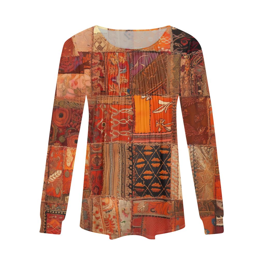 Women's Fashion Casual Pleated Round Neck Vintage Floral Print Long Sleeve T,Shirt Top