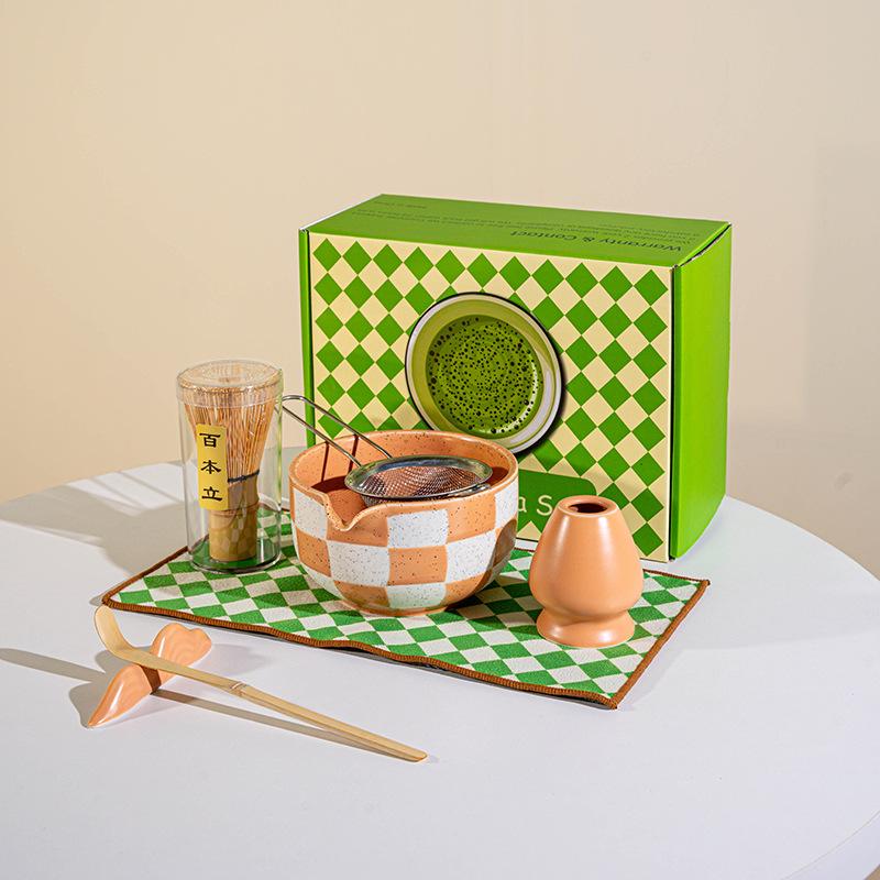7pcs Ceramic Matcha Tea Set 8-piece Japanese-style lattice Matcha bowl with tea whisk Matcha utensil set