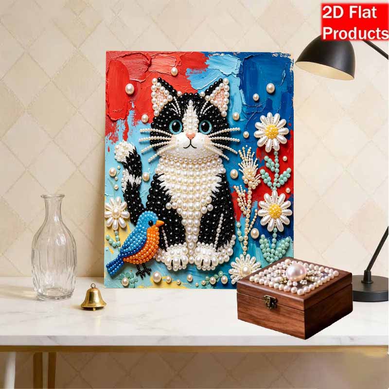 DIY Frameless Pearl Art Painting Kit Black and White Cat with Cute Blue Bird and Flowers 3D Sparkling Bead Canvas Gift for Craft Lovers