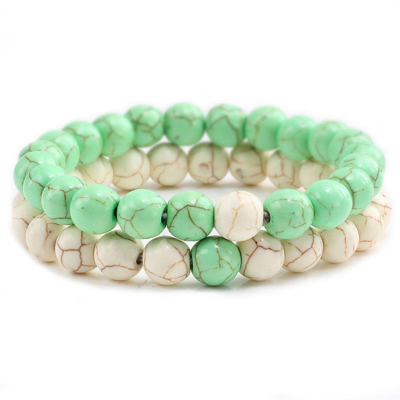 8MM Turquoise & Black Matte Stone Elastic Bracelet Set - Popular European & American Style Pearl Jewelry