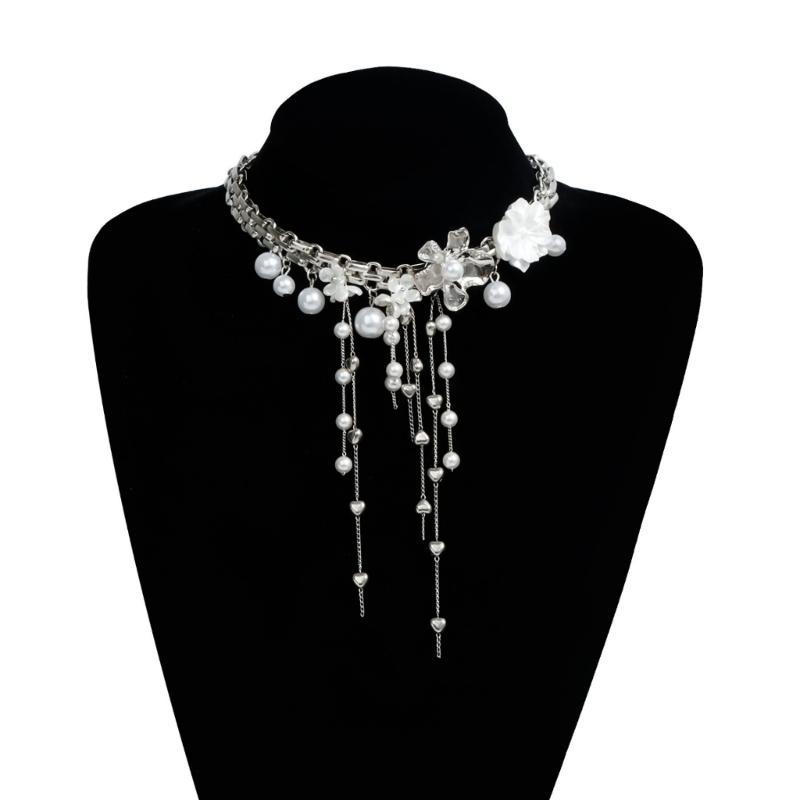 Elegant Flower Design Necklace With Dangling Beaded Tassels Adjustable Length Romance Pearls Accessory