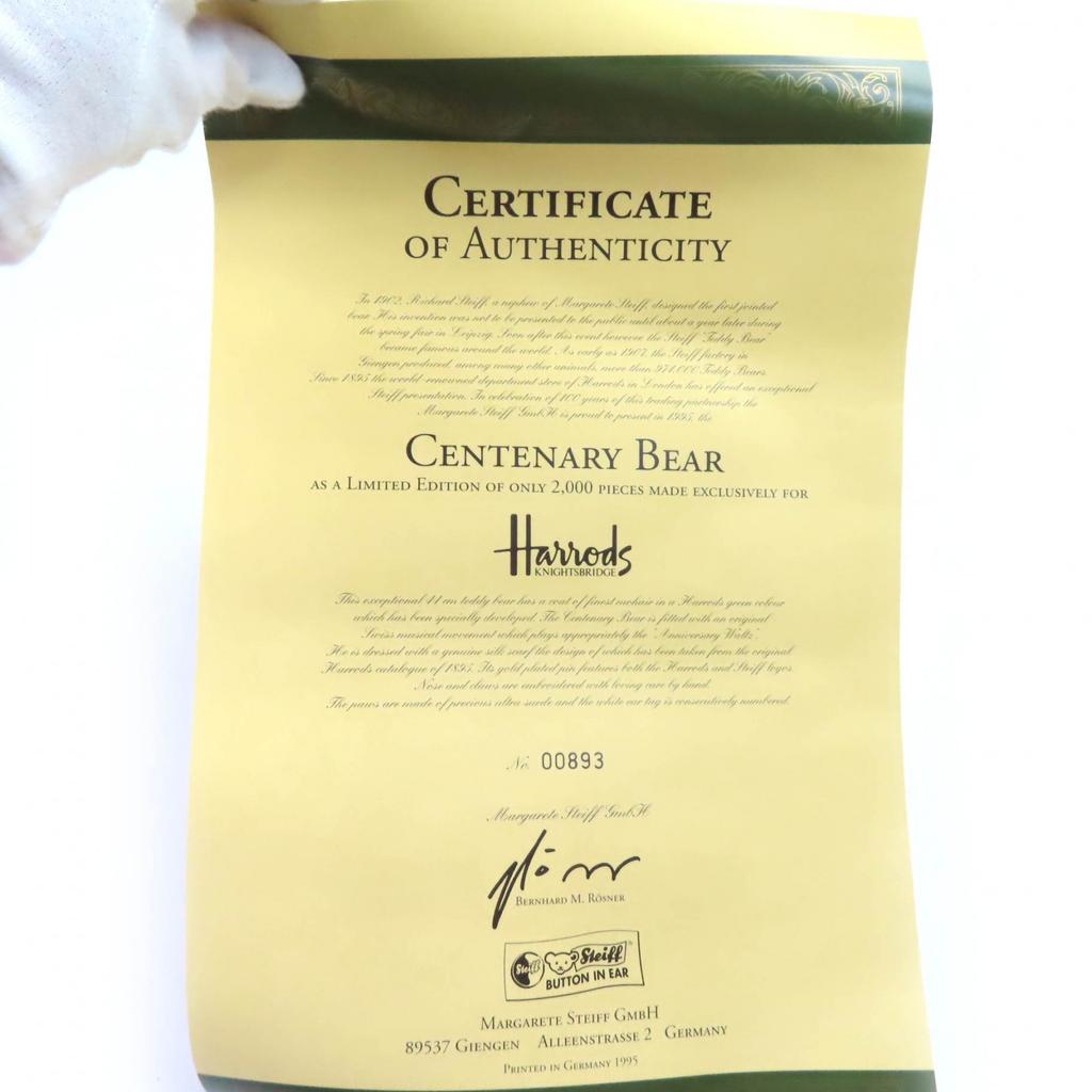 Excellent Steiff Harrods Centenary Bear Musical Bear with Music Box, LimitedEditionof 2000 Used