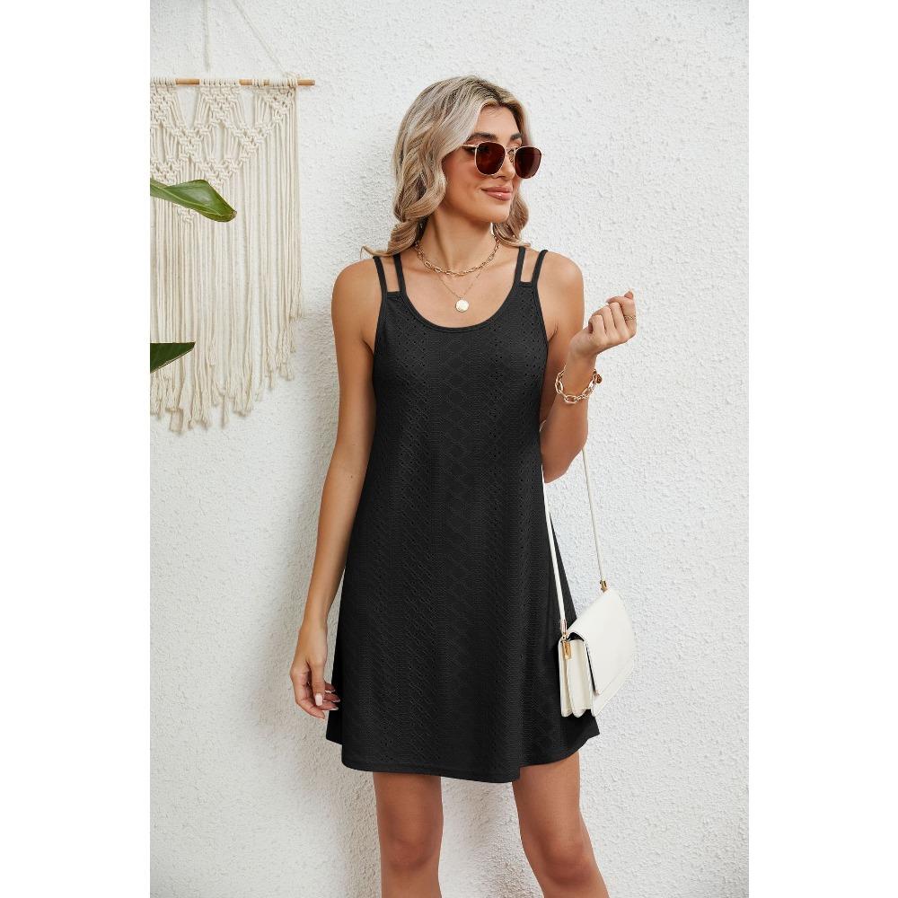 women s Double Strap Eyelet Sleeveless Mini Dress Casual U Neck Summer Beach Tunic S чёрный