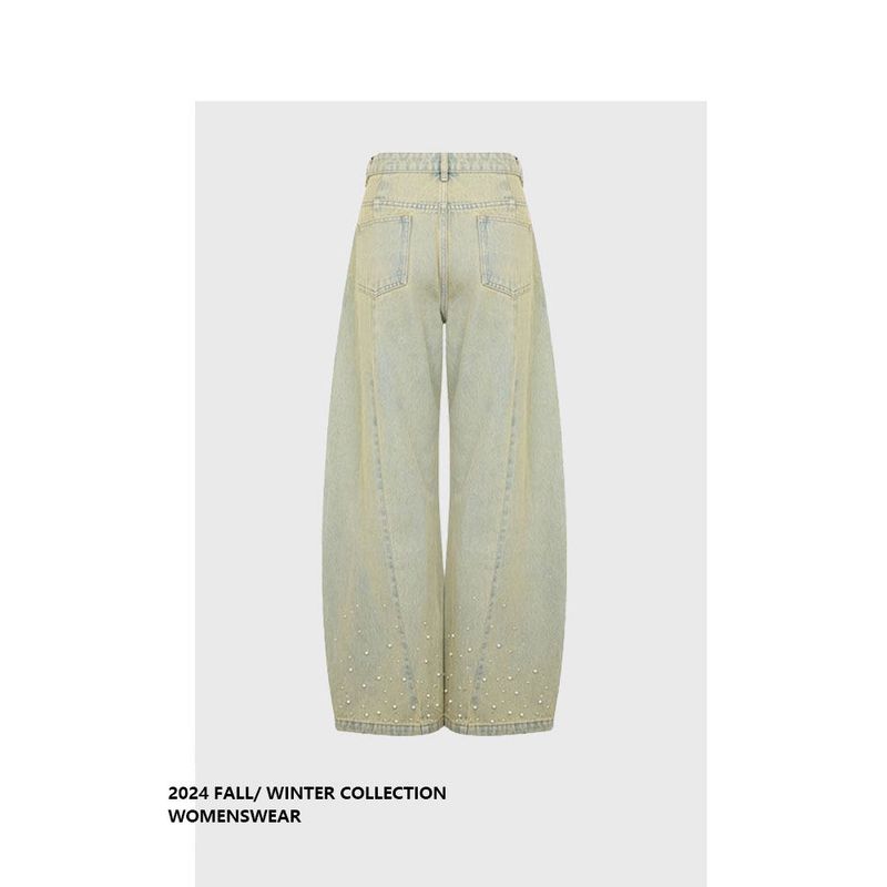 Forever 21 American Retro Blue Wide-Leg Loose Fit Curved Jeans with Pearl Embellishments, Distressed Denim, 2026 Summer New Model