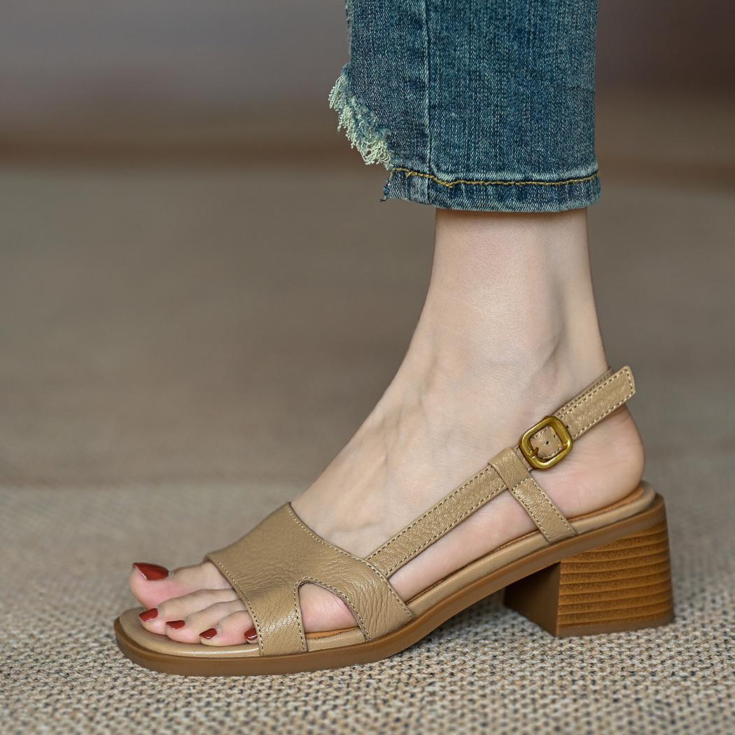 

Модные босоножки на среднем каблуке для женщин летом 2025 года, нишевые туфли на толстом каблуке с открытым носком 40 абрикосовый