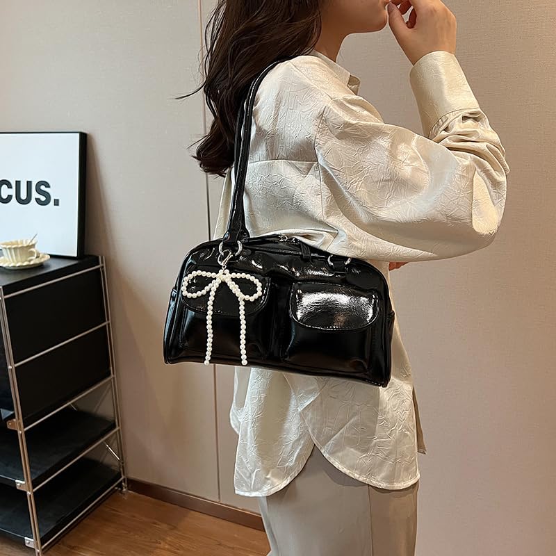 AQUA Marine Women's Enamel Shoulder Bag, 2-Way Handbag with Pearl Ribbon, Elegant, Small, Glossy, Korean-Style, Cute, Instagram-worthy Outfit (Red)