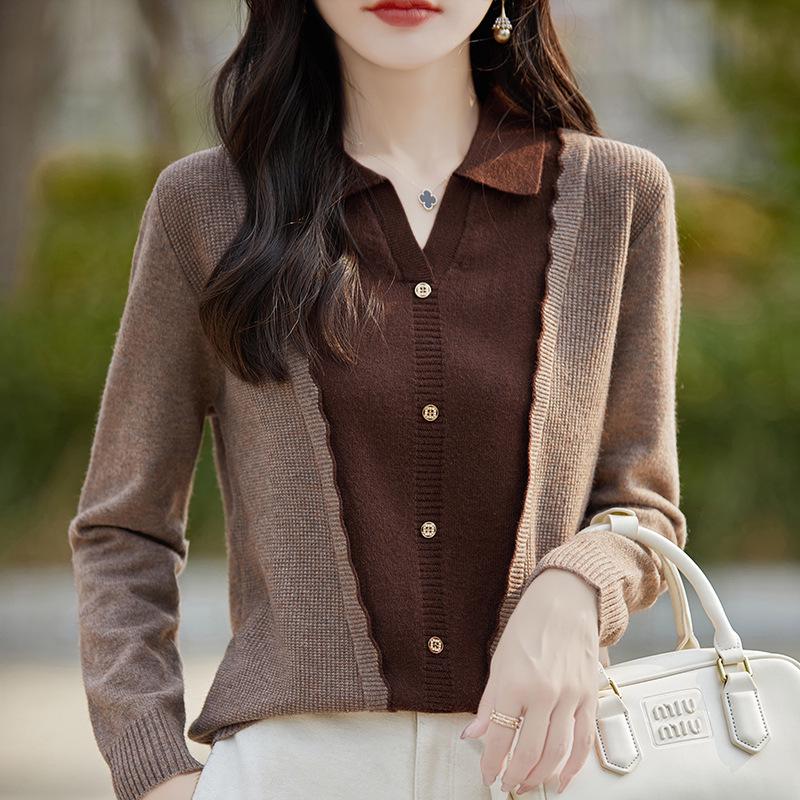 

Женский вязаный свитер пэчворк с цветовыми блоками и отложным воротником - Новый модный пуловер на весну/осень L