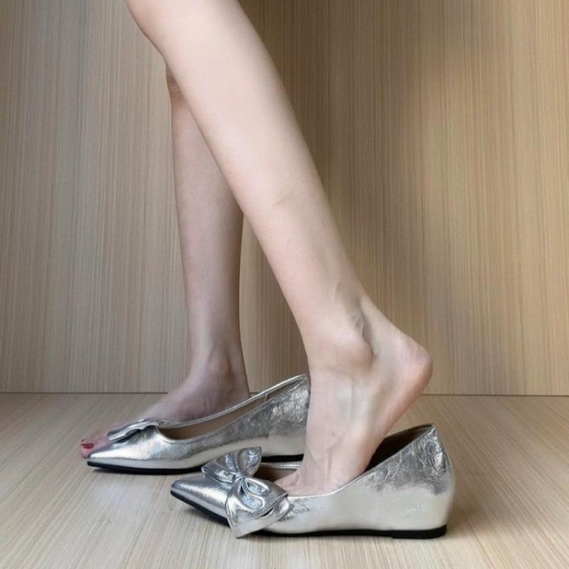 Fashion French Fashion Silver Pointed Toe Bow Shallow Mouth Single Shoes Feminine Slip Inside Heighten