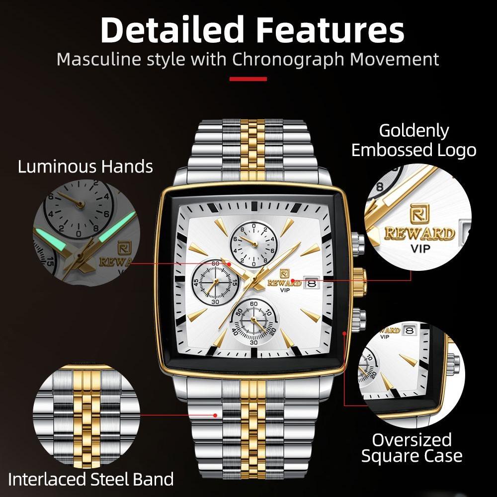 Fashion Square Quartz Watch Men's Luxury Steel Strip Business Date Chronograph Watches