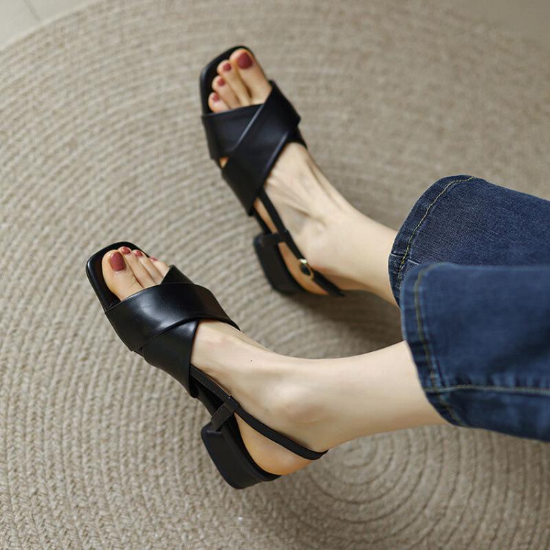 New summer casual sandals women's medium heel large size shoes soft sole square head one pedal comfortable square heel wide strip sandals women