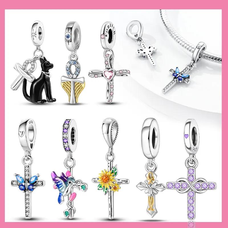 Blue Copper Beads Zircon Sunflower Purple Blue Cross Charms Fit Original Pendant Bracelet Women Jewelry