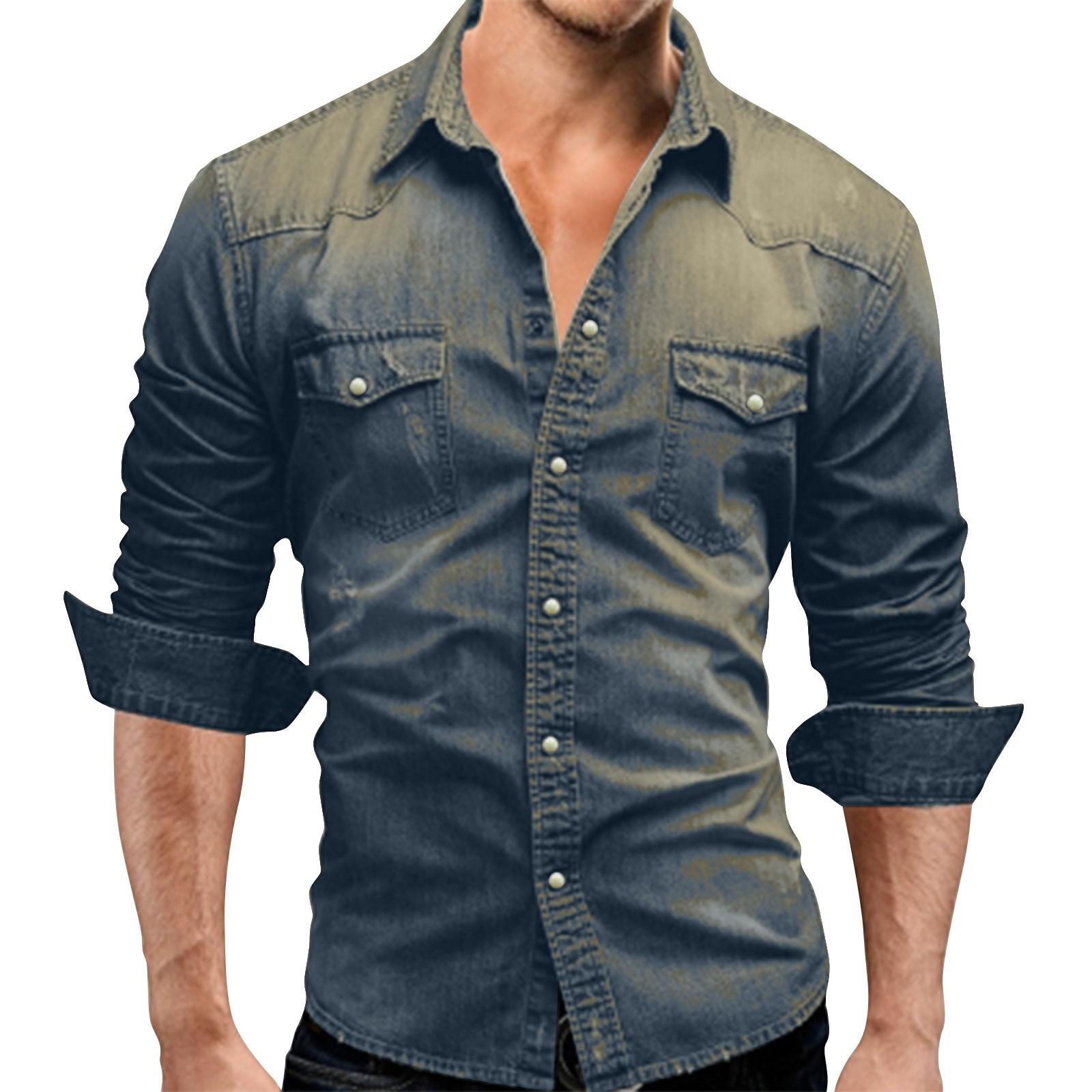 

Мужская осенняя повседневная рубашка с длинным рукавом и лацканами из денима, выстиранная, мужские топы, мужские рубашки XL
