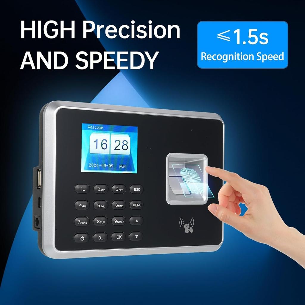 Biometric Time Clock Attendance Machine for Employees Support 1000pcs Fingerprint/Password/ID Card Recognition 5 Languages System USB Port Data