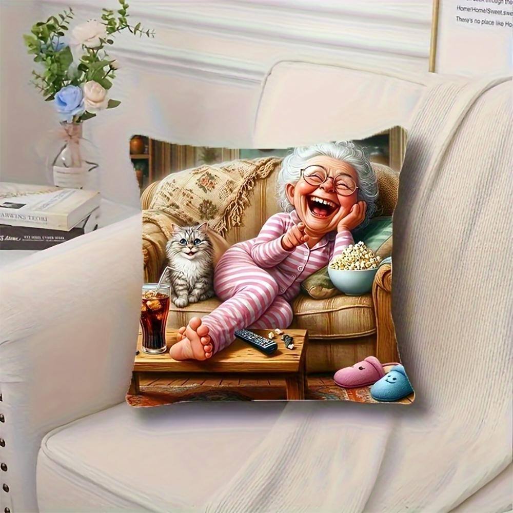 2D Flat- Funny Senior Lady and Cute Cat Throw Pillow Cover Vintage Cozy Living Room Home Decor Cushion Case