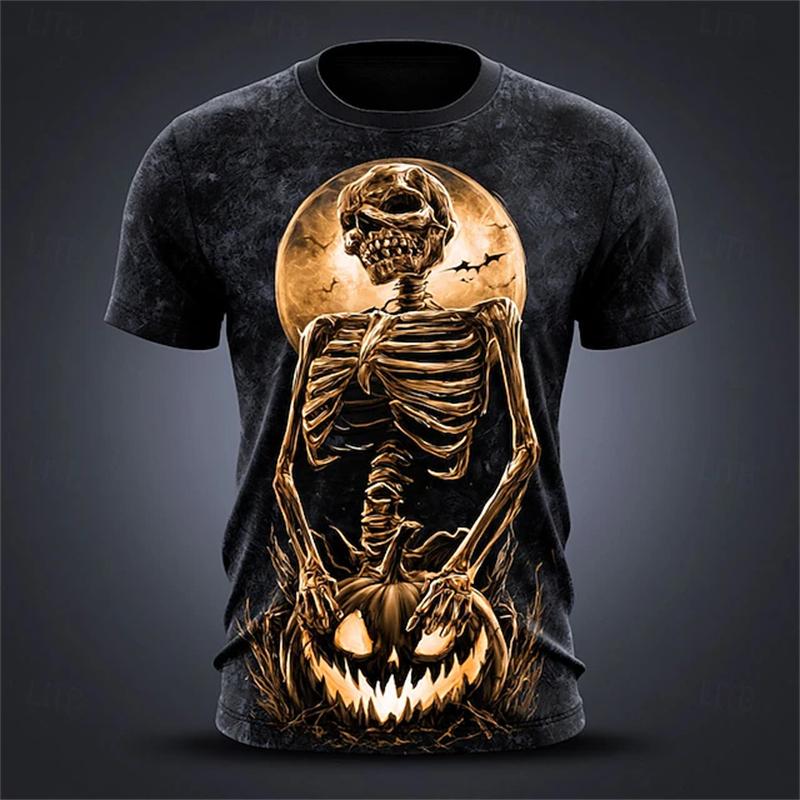 Halloween Men's Pumpkin Skull T-Shirt Short-Sleeve T-Shirt 3D-Printed Crew Neck Horror-Themed Men's Top Club Party Frenzy
