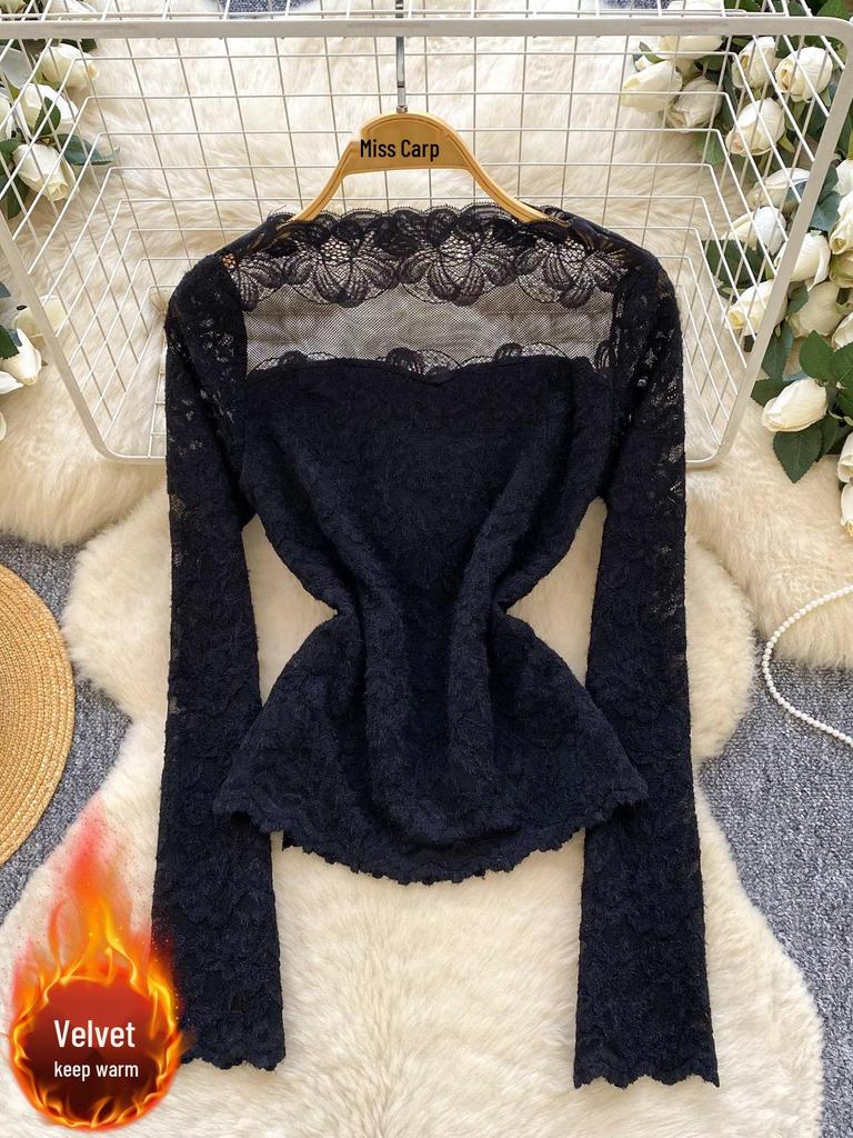 Women's High-End Patchwork Lace Velvet Long Sleeve Shirt - Elegant & Versatile Autumn/Winter Top