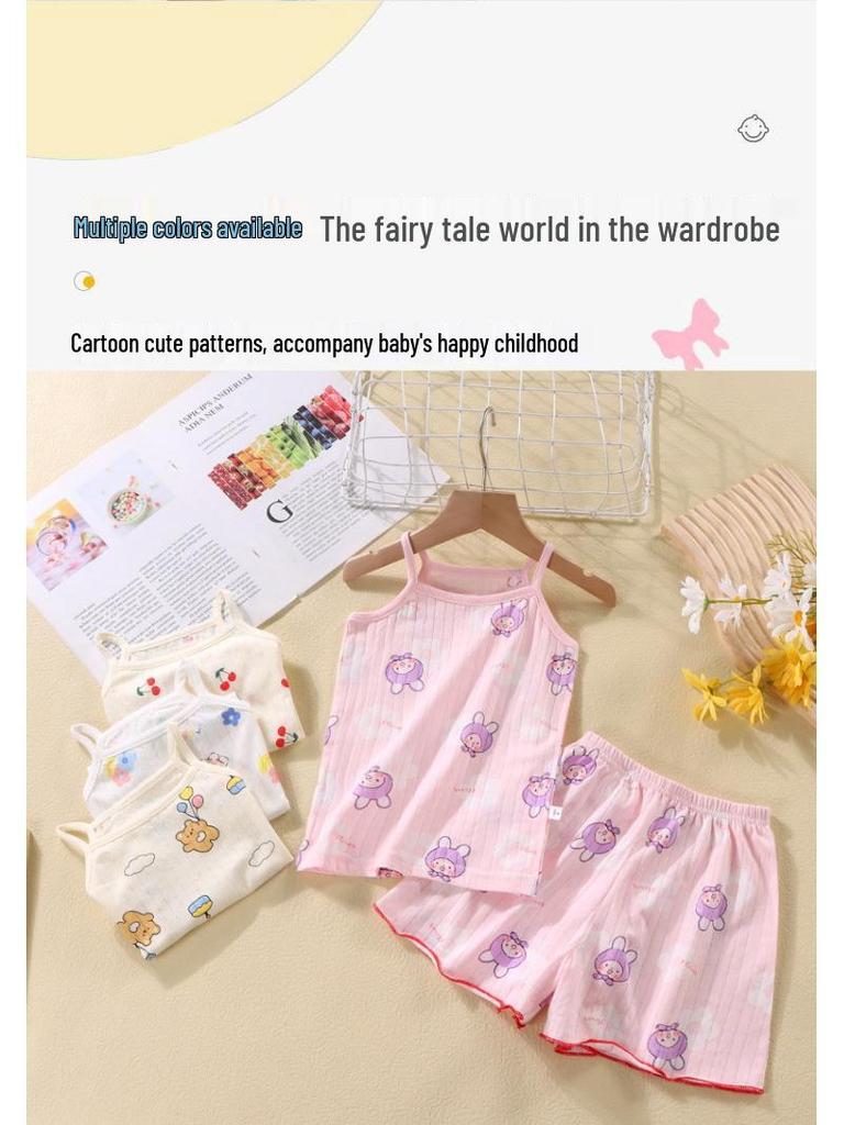 Girls' Summer Pajama Set: All-Cotton Tank Top & Short Skirt with Suspenders - Sweat-Absorbent Baby Homewear for Air Conditioning Comfort