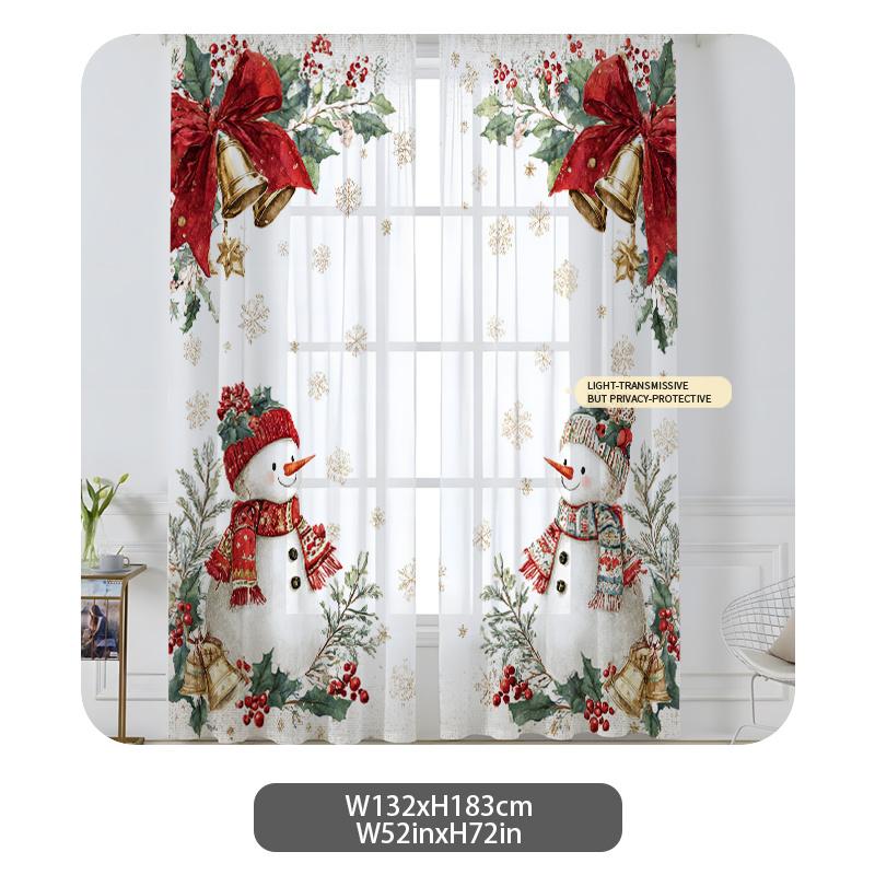 2PCS Christmas Winter Sheer Curtains, Snowman Bell Holly, Digital Print, Bedroom Living Room, Rod Pocket Polyester Home Decor