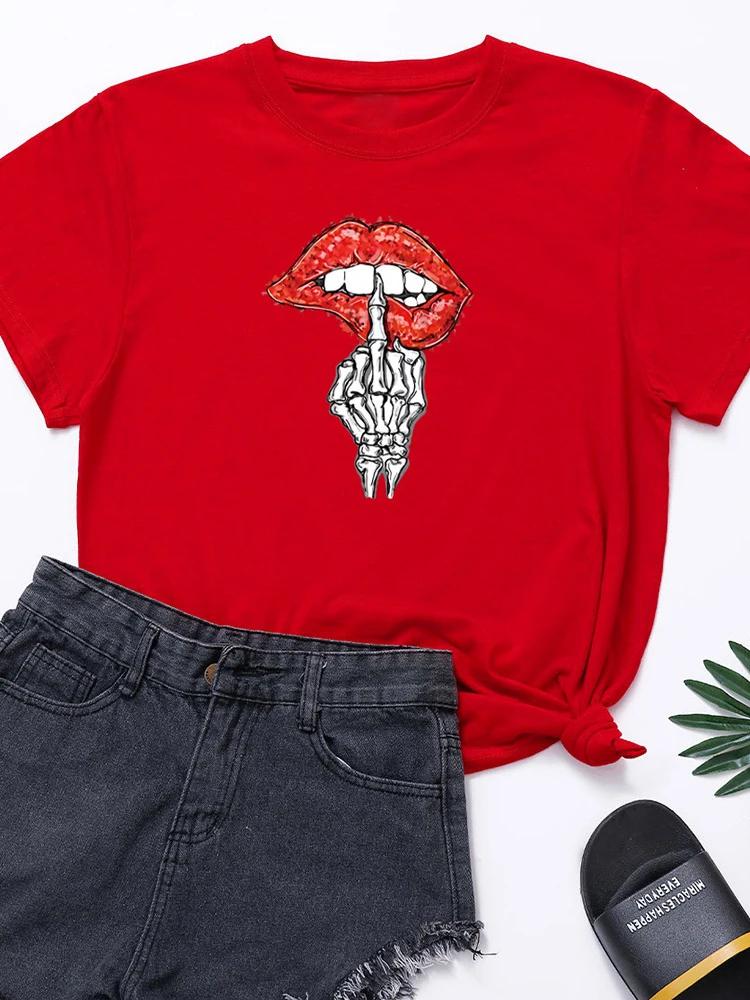 Skull Hand Red Lip Print Women T Shirt Short Sleeve O Neck Loose Women Tshirt Ladies Tee Shirt Tops Clothes Camisetas Mujer