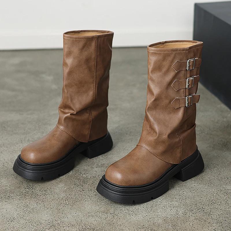 Fashion Winter New Women's Boots 2025 High Quality Fashionable Round Toe Solid Color Buckle Mid-heeled Sleeve Women's High Boots