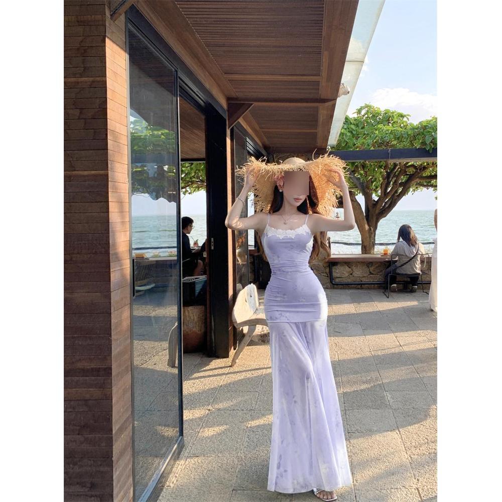 

Морський відпочинок вітер блакитний квітковий сітчастий сарафан жіночий літній красива облягаюча стегна спідниця годе довга S- (can be worn within 45kg) лавандовий