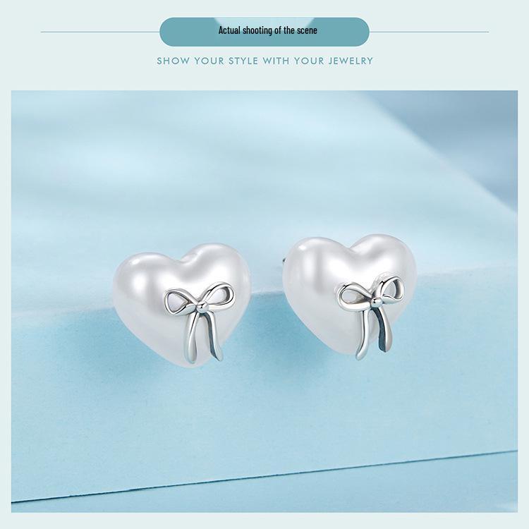 Aifle Simple Versatile S925 Sterling Silver Heart Bow Earrings for Women, Platinum-Plated, Heart-Shaped, Perfect for Commuting