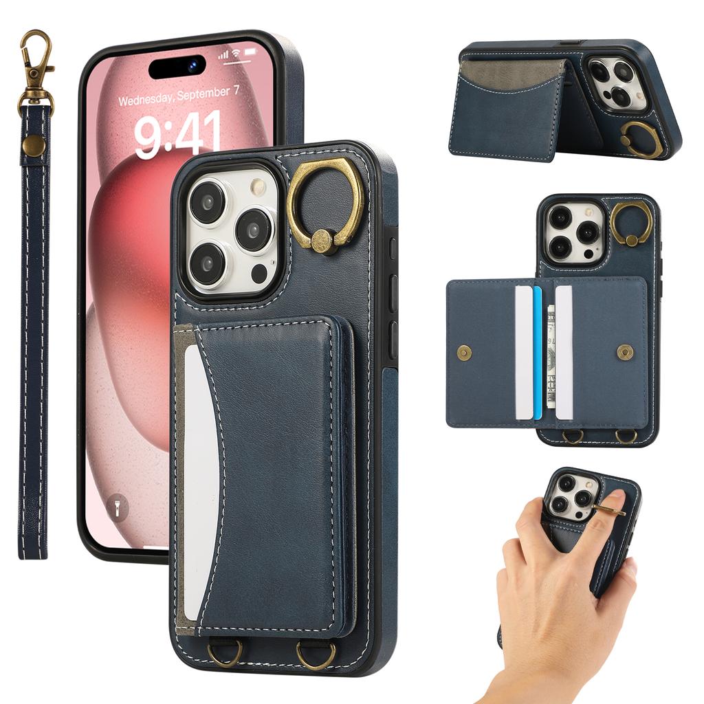 For iPhone 14 Pro Max PU Leather Back Case Card Holder Kickstand Phone Cover with Wrist Strap