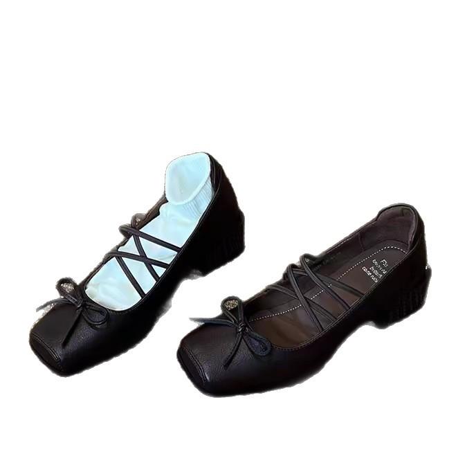 French retro cross-strap horse thick heel Lizhen shoes women's 2025 new square head light mouth bow small leather shoes