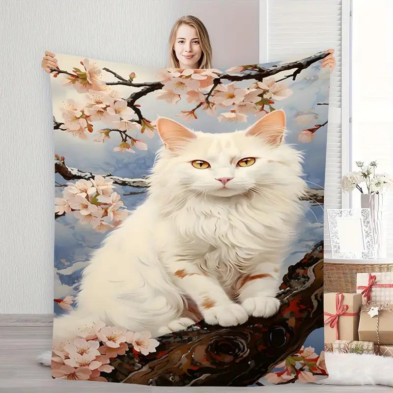 Comfortable and soft cat cherry blossom elements Japanese fresh theme pattern blanket - comfortable and warm, perfect for bed