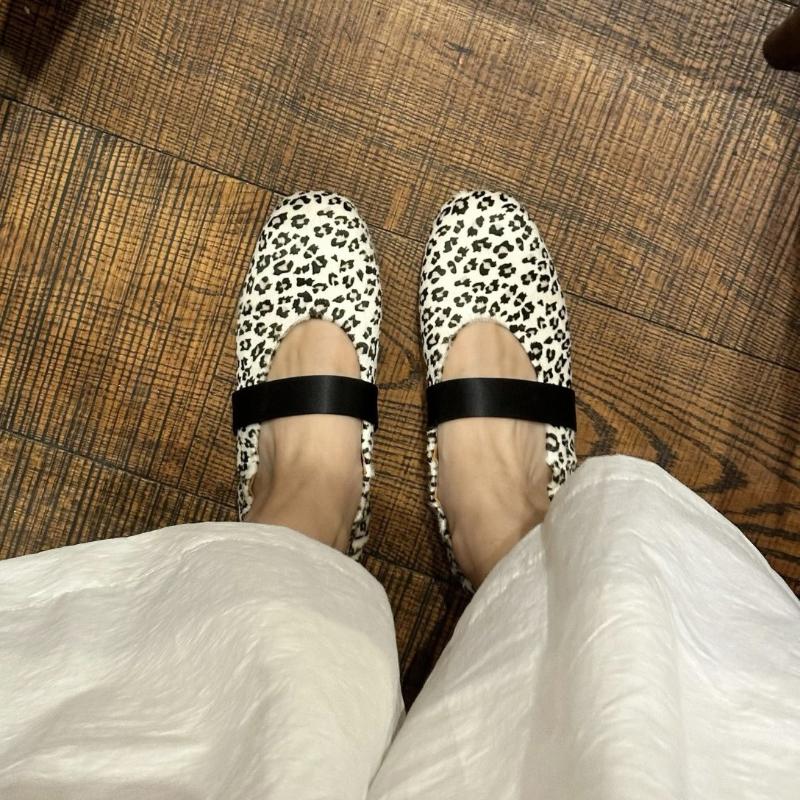 

Flannel Leopard Print Ballet Flats Shoes Women Slip-on Round Toe Elegant Autumn Winter Mary Janes Leather Band Loafers 40 бежевий