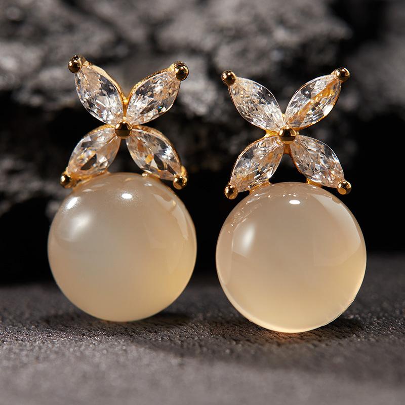 Butterfly Natural Gemstone Pearl Colored Treasure Stud Earrings S925 Sterling Silver Fashion High-End Xiaohongshu Model