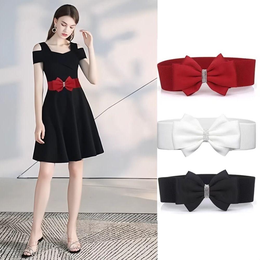 Adjustable Buckle Elastic Bow Belt Solid Color Rhinestone Stretch Belt Dress Coat Accessories