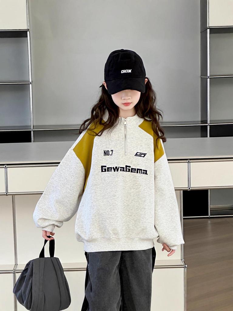 Bluza dla dziewczynek w stylu koreańskim z patchworkowym blokiem kolorów, zapinana na pół zamek - modna i stylowa na jesień