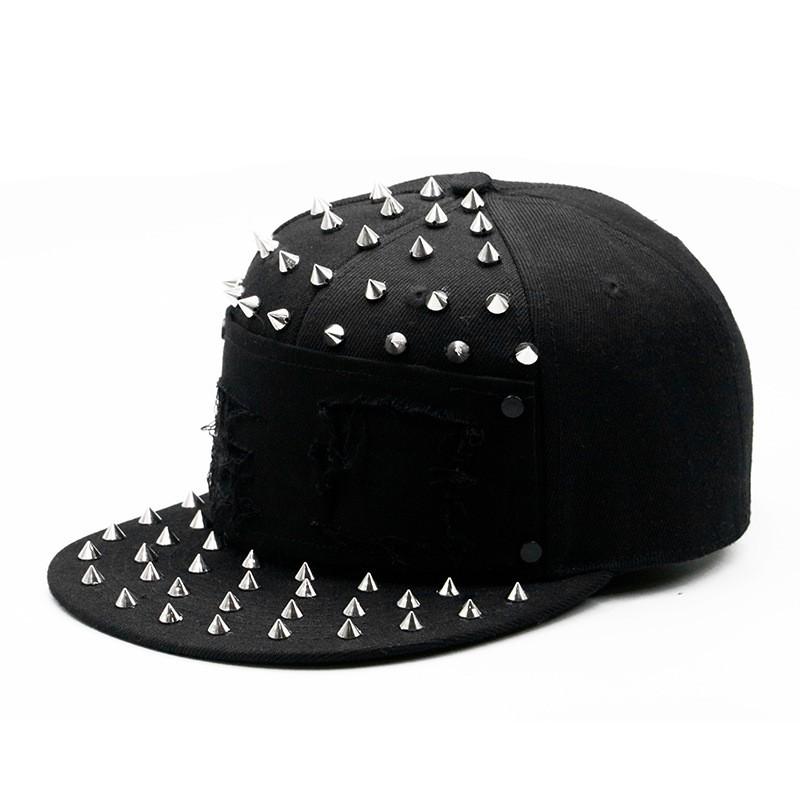 Unisex Punk Style Baseball Cap With Spiked Rivet Embroidery Patch Flat Brim Hip Hop Streetwear Hat