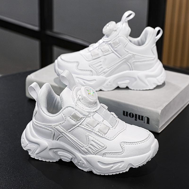 Children's Little White Shoes 2025 Spring and Autumn New White Mesh Breathable Rotating Button Medium and Large Children's and Boys' Sports Shoes