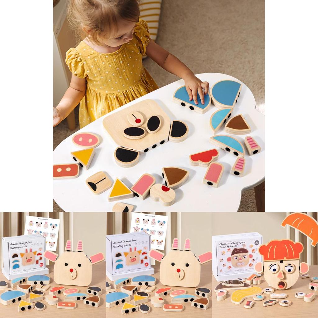 Holz-Tier- und Charakter-Gesichtsausdruck-Puzzle für Kinder, Lern-Gehirnjoggel-Spielzeug