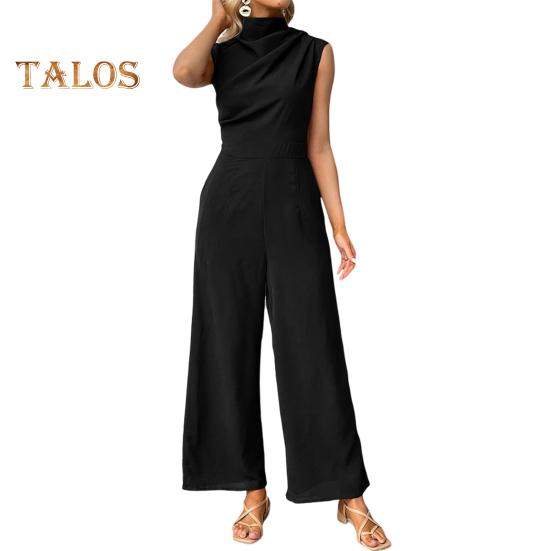 Women Summer Jumpsuit Half-high Collar Sleeveless Wide Leg Pleated Pure Color OL Commuting Daily Wear Long Jumpsuit